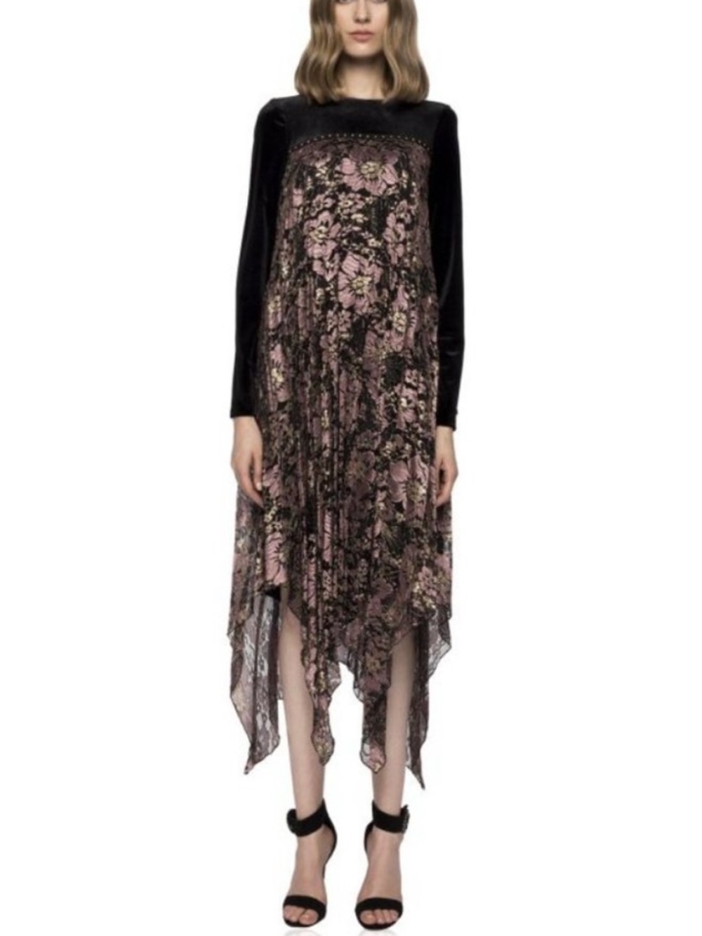Nissa Asymmetrical Floral Lace Pleated Dress